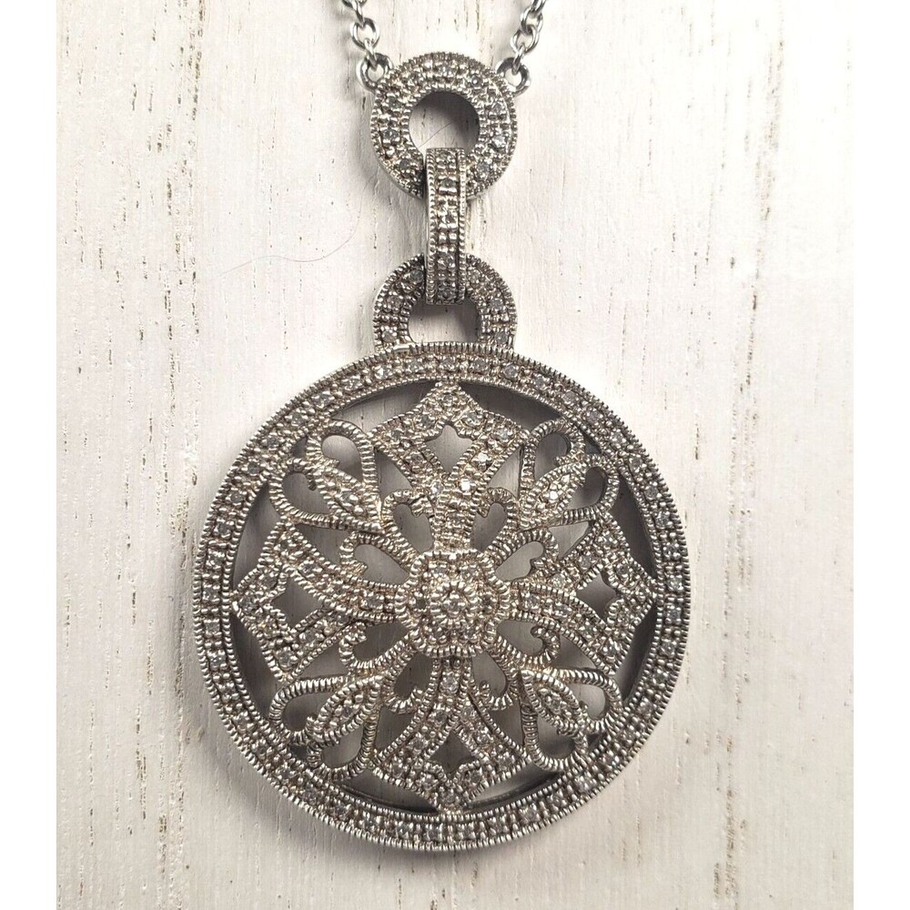 Vintage 925 Sterling Silver w Diamond Circle Cross Hearts Pendant Chain Necklace - Picture 15 of 16